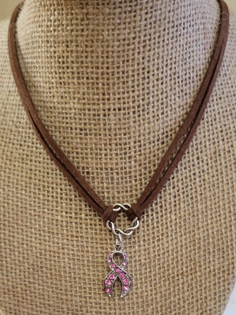 Pink Cancer Survivor Ribbon Charm on Light Dark Faux Suede Necklaces